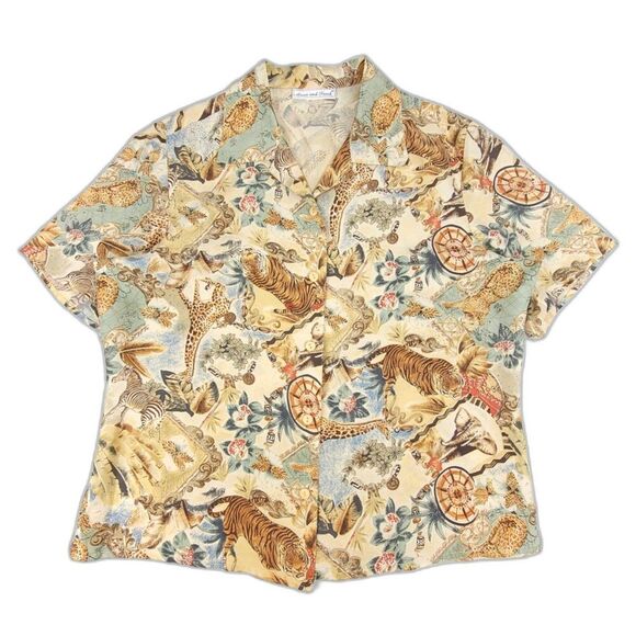 VINTAGE 100% Silk Safari Novelty Print 90's Short Sleeve Button Down Shirt Large - Picture 1 of 6